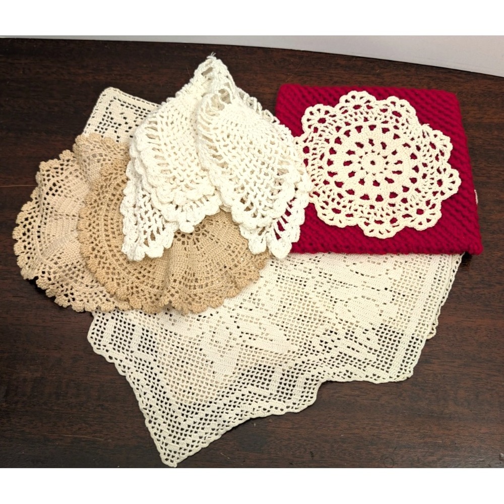 Vintage Crochet Doily Lot 6 Filet Lace Floral Pineapple Red Cream Handmade Set